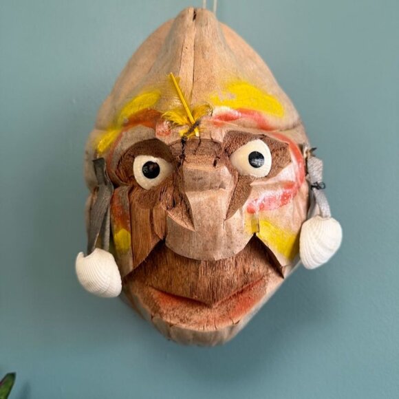 Vintage 60's Hawaiian Pirate Hanging Coconut Head w Shell Earrings Eyes Tiki - Picture 1 of 10